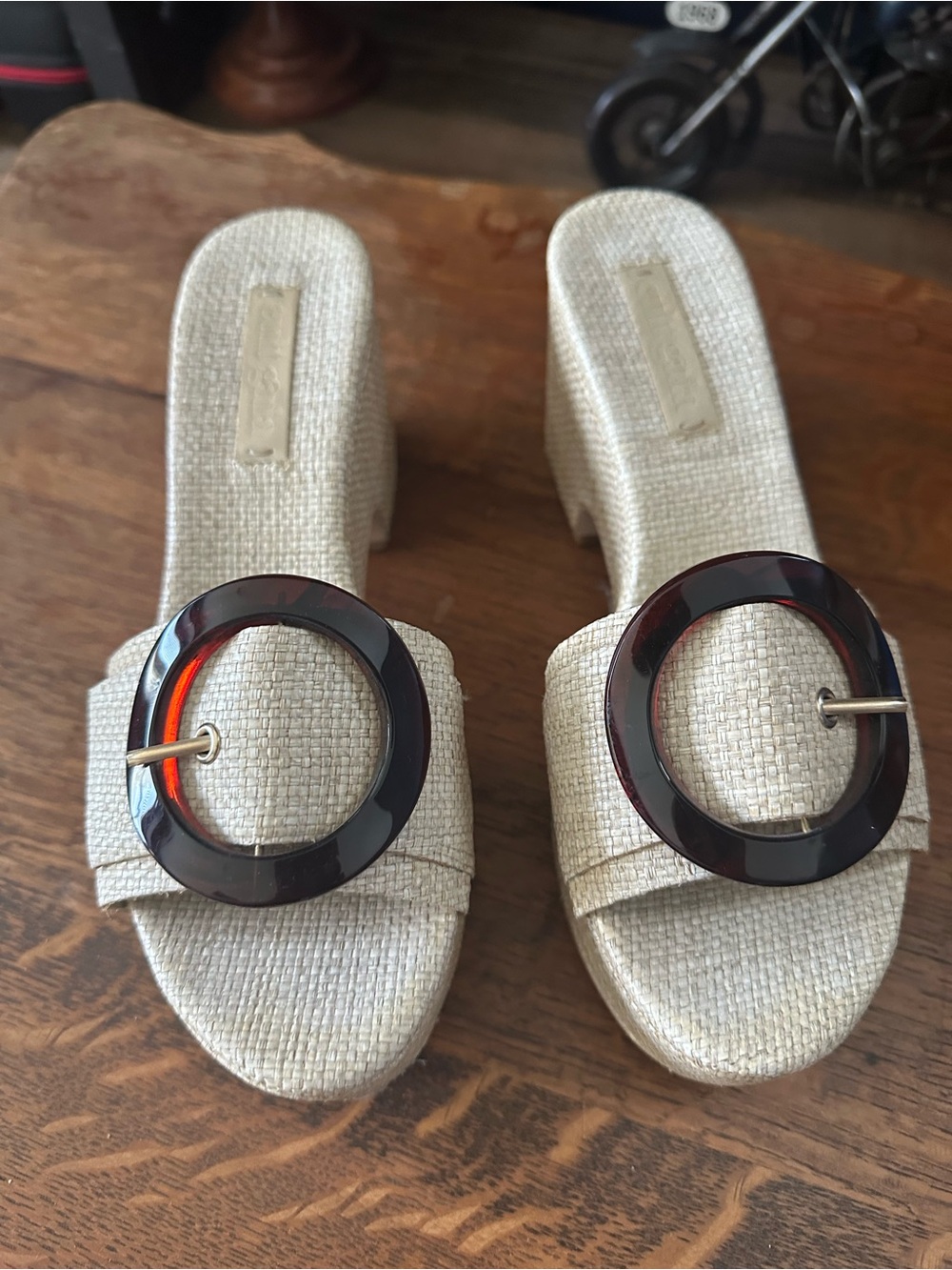 cult gaia Ivory Textured Slide Mules with Tortoiseshell Buckle
